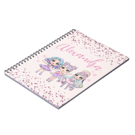 かわいいグリッター人形の少女の名前(ピンク) ノートブック (左側)