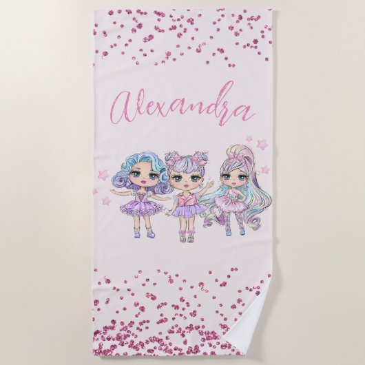 かわいいグリッター人形の少女の名前（ピンク） ビーチタオル (正面)
