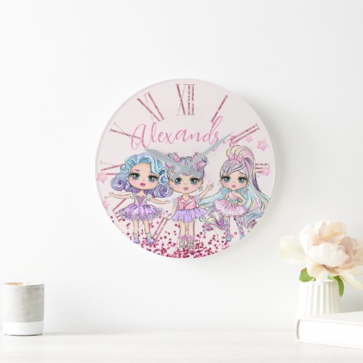 かわいいグリッター人形の少女の名前(ピンク) ラージ壁時計 (ホーム)