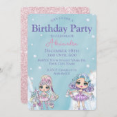 かわいいグリッター人形ガールズウィンター誕生日 招待状 (正面/裏面)
