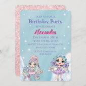 かわいいグリッター人形ガールズウィンター誕生日 招待状 (正面/裏面)