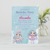 かわいいグリッター人形ガールズウィンター誕生日 招待状 (スタンド正面)
