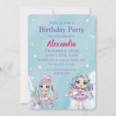 かわいいグリッター人形ガールズウィンター誕生日 招待状 (正面)