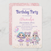 かわいいグリッター人形ガールズバースデーパーティー 招待状 (正面/裏面)