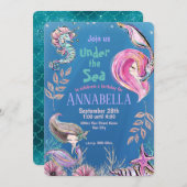 かわいいグリッター人魚ザシーアンダーザシーパーティー 招待状 (正面/裏面)