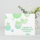 かわいいグリーンとブルーバブル子供の誕生日パーティー 招待状 (スタンド正面)