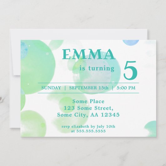 かわいいグリーンとブルーバブル子供の誕生日パーティー 招待状 (裏面)