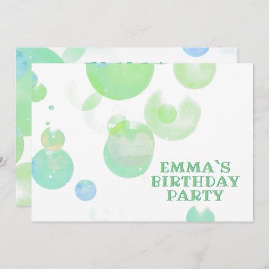 かわいいグリーンとブルーバブル子供の誕生日パーティー 招待状 (正面/裏面)