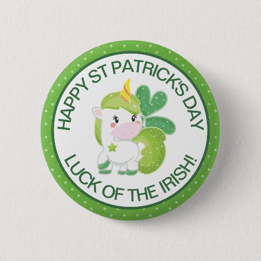 かわいいグリーンとホワイトセントパトリックのユニコーン&クローバー 缶バッジ (正面)