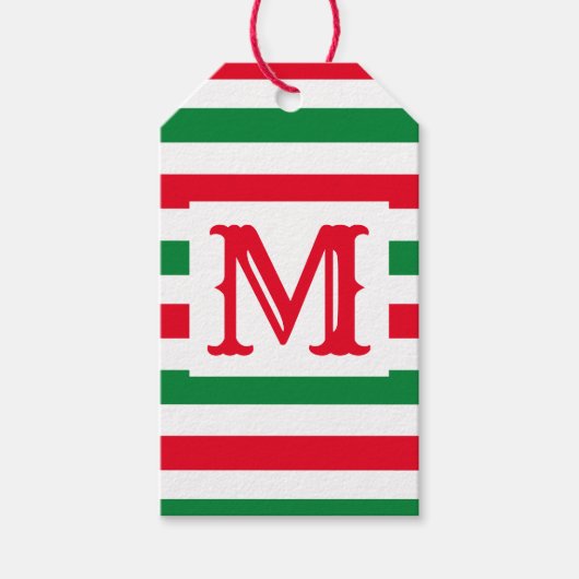 かわいいグリーンと赤ストライプのデザイン独身のイニシャル ギフトタグ (正面)