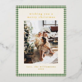 かわいいグリーンのチェック柄 ポートレート写真 クリスマス ゴールド 箔シーズンカード