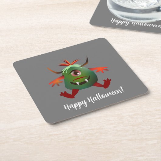 かわいいグリーンのモンスター紙コースター スクエアペーパーコースター (アングル)