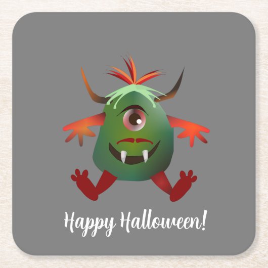 かわいいグリーンのモンスター紙コースター スクエアペーパーコースター (正面)