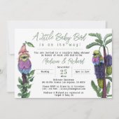 かわいいグリーンの熱帯の鳥のカップルのベビーシャワー 招待状 (正面)