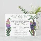 かわいいグリーンの熱帯の鳥のカップルのベビーシャワー 招待状 (スタンド正面)