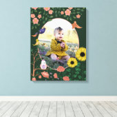 かわいいグリーンの花の新しい赤ちゃんの写真の保育園アート キャンバスプリント (インサイチュ (ウッドフロア))