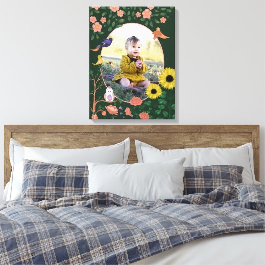 かわいいグリーンの花の新しい赤ちゃんの写真の保育園アート キャンバスプリント (インサイチュ (寝室))