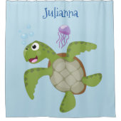 かわいいグリーンウミガメhappy cartoonイラストレーション シャワーカーテン (正面)