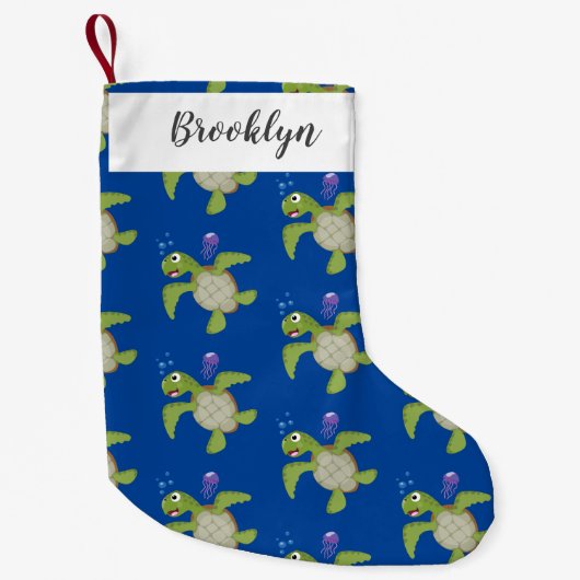 かわいいグリーンウミガメhappy cartoonイラストレーション スモールクリスマスストッキング (正面)