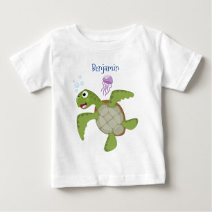 かわいいグリーンウミガメhappy cartoonイラストレーション ベビーTシャツ