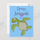 かわいいグリーンウミガメhappy cartoonイラストレーション ポストカード (正面/裏面)