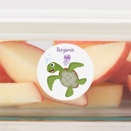 かわいいグリーンウミガメhappy cartoonイラストレーション ラベル (貼付)