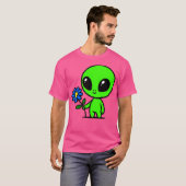 かわいいグリーンエイリアンと花 Tシャツ (正面フル)