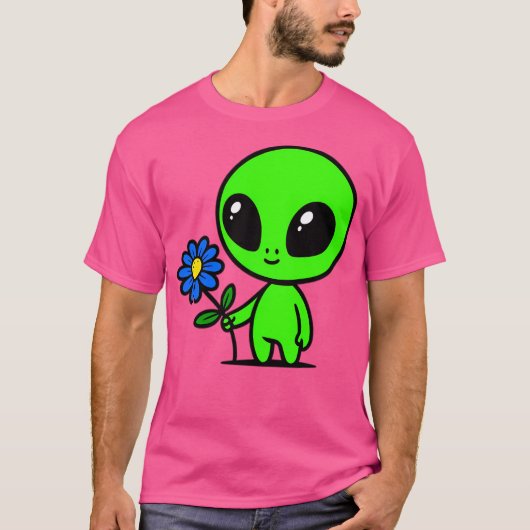 かわいいグリーンエイリアンと花 Tシャツ (正面)
