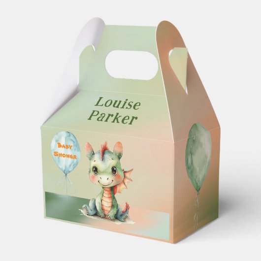 かわいいグリーンオレンジのドラゴンボーイベビーシャワーありがとう フェイバーボックス (正面サイド)