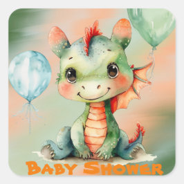 かわいいグリーンオレンジのドラゴンボーイベビーシャワー スクエアシール