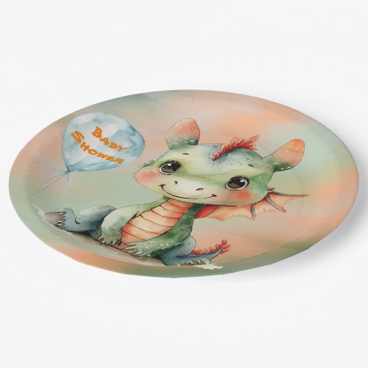 かわいいグリーンオレンジのドラゴンボーイベビーシャワー ペーパープレート (アングル)