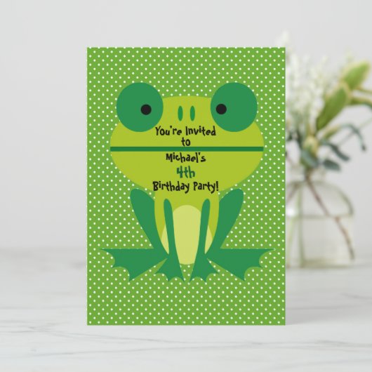 かわいいグリーンカエルとドットパーティの招待状 招待状 (スタンド正面)