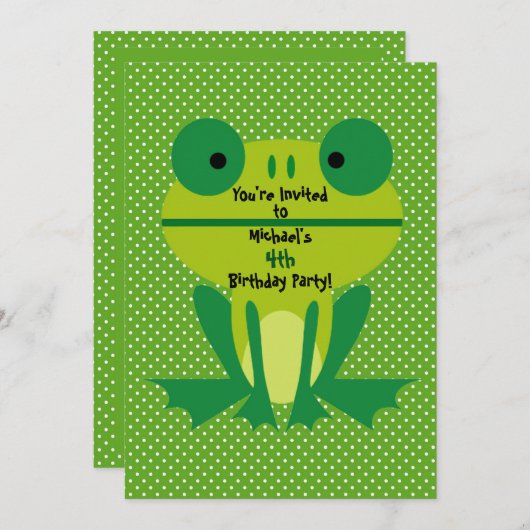 かわいいグリーンカエルとドットパーティの招待状 招待状 (正面/裏面)