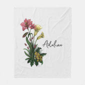 かわいいグリーンカエルとユリの植物フローラ フリースブランケット (正面)