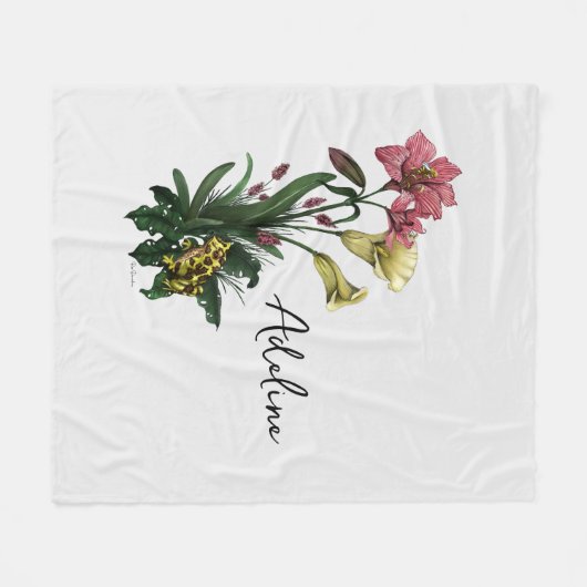 かわいいグリーンカエルとユリの植物フローラ フリースブランケット (正面(横))