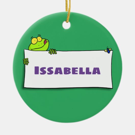 かわいいグリーンカエルのサイン漫画イラストレーション セラミックオーナメント (正面)