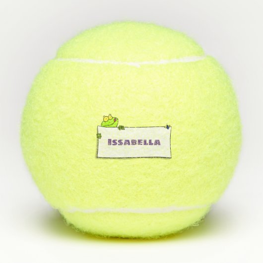 かわいいグリーンカエルのサイン漫画イラストレーション テニスボール (正面)