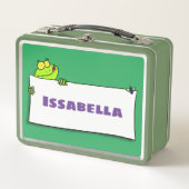 かわいいグリーンカエルのサイン漫画イラストレーション メタルランチボックス (正面)