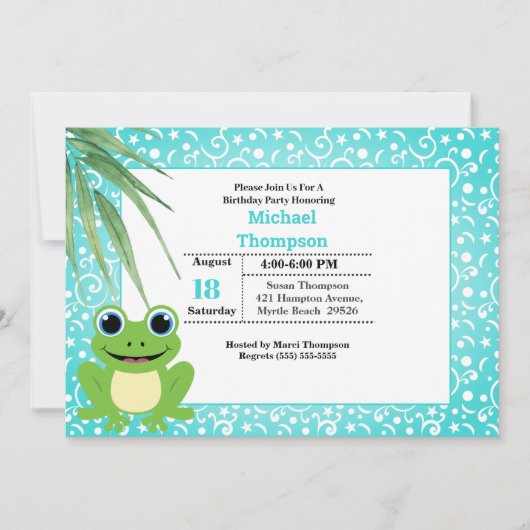 かわいいグリーンカエルの誕生日パーティーの招待状 招待状 (正面)