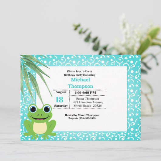 かわいいグリーンカエルの誕生日パーティーの招待状 招待状 (スタンド正面)