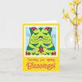 かわいいグリーンカエル猫と花春恵み カード (黄色い花)