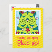 かわいいグリーンカエル猫と花春恵み ポストカード (正面/裏面)