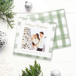 かわいいグリーンギンガムチェックのカスタム写真クリスマス シーズンカード
