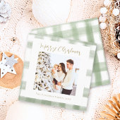 かわいいグリーンギンガムチェックのカスタム写真クリスマス シーズンカード