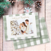かわいいグリーンギンガムチェックのカスタム写真クリスマス シーズンカード