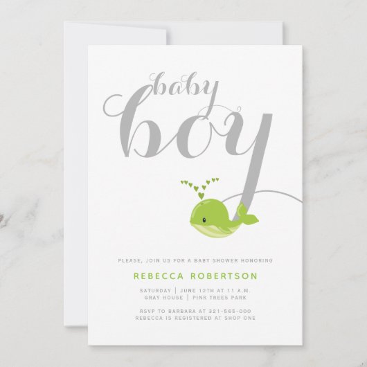 かわいいグリーンクジラタイポグラフィ男の赤ちゃんシャワー 招待状 (正面)