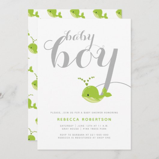 かわいいグリーンクジラタイポグラフィ男の赤ちゃんシャワー 招待状 (正面/裏面)