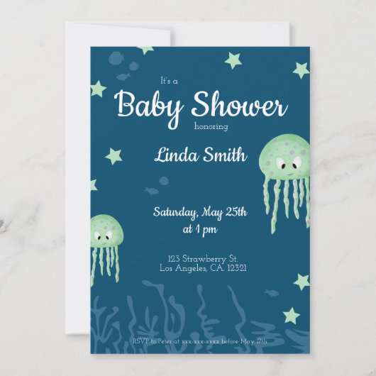 かわいいグリーンクラゲ中性ベビーシャワー 招待状 (正面)