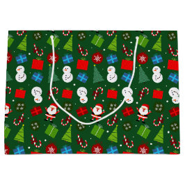 かわいいグリーンクリスマスサンタ&雪だるま柄 ラージペーパーバッグ