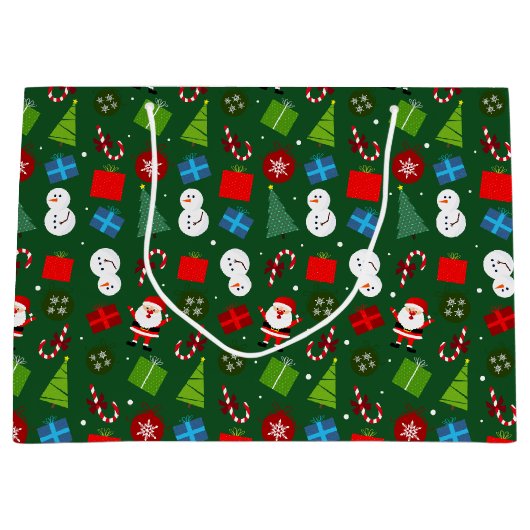 かわいいグリーンクリスマスサンタ&雪だるま柄 ラージペーパーバッグ (正面)